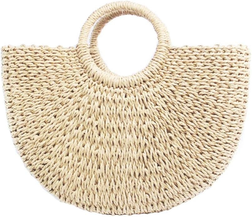Straw Bags for Women, Large Hand-woven Straw Bag Round Handle Ring Tote Retro Summer Beach Bag | Amazon (US)