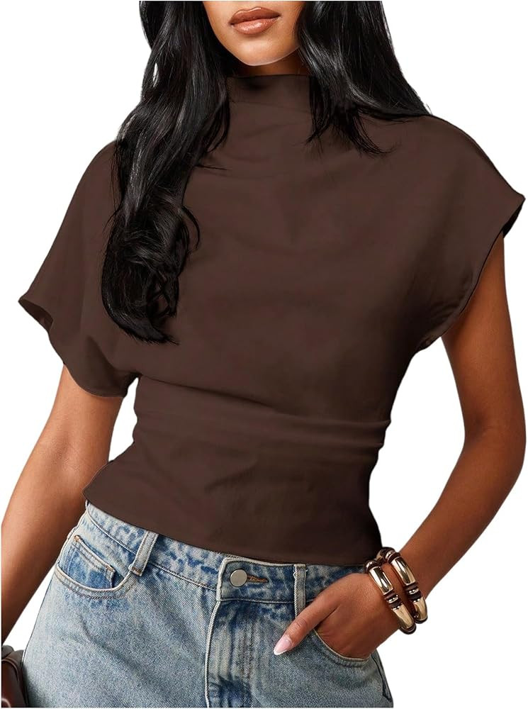 Women's Ruched Short Sleeve T Shirts Cinched Waist Dressy Casual Going Out Outfits | Amazon (US)