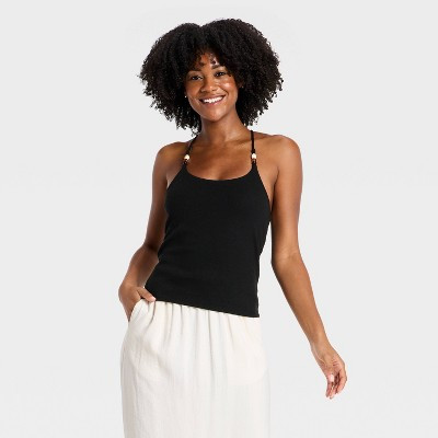 Women's Beaded Ribbed Tank Top - A New Day™ Black M | Target