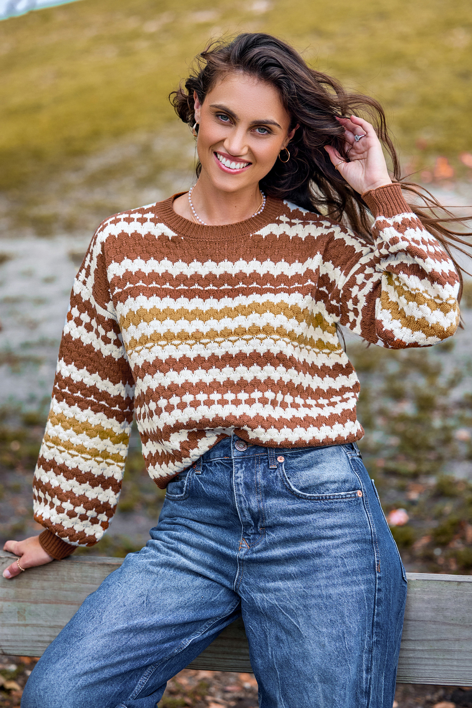 Burnt Orange Irregular Striped Long Sleeve Sweater - L | Cupshe US