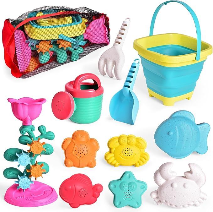 12Pcs Collapsible Beach Toys Set for Kids,Beach Bucket and Shovel Set with Mesh Bag & Sand Molds,... | Amazon (US)