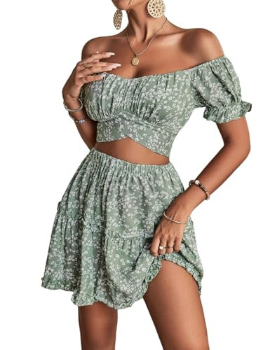 LYANER Women's 2 Piece Outfits Floral Off Shoulder Tie Up Crop Top and Mini Skirt Set Green Large | Amazon (US)