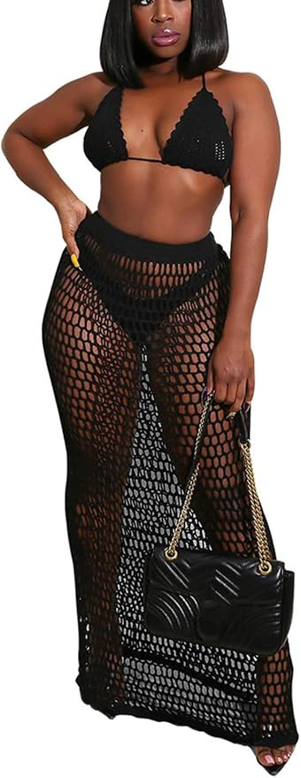 Bluewolfsea Women Sexy Beach Coverups Summer 2 Piece Outfits Crochet Mesh Fishnet Bikini Top and ... | Amazon (US)