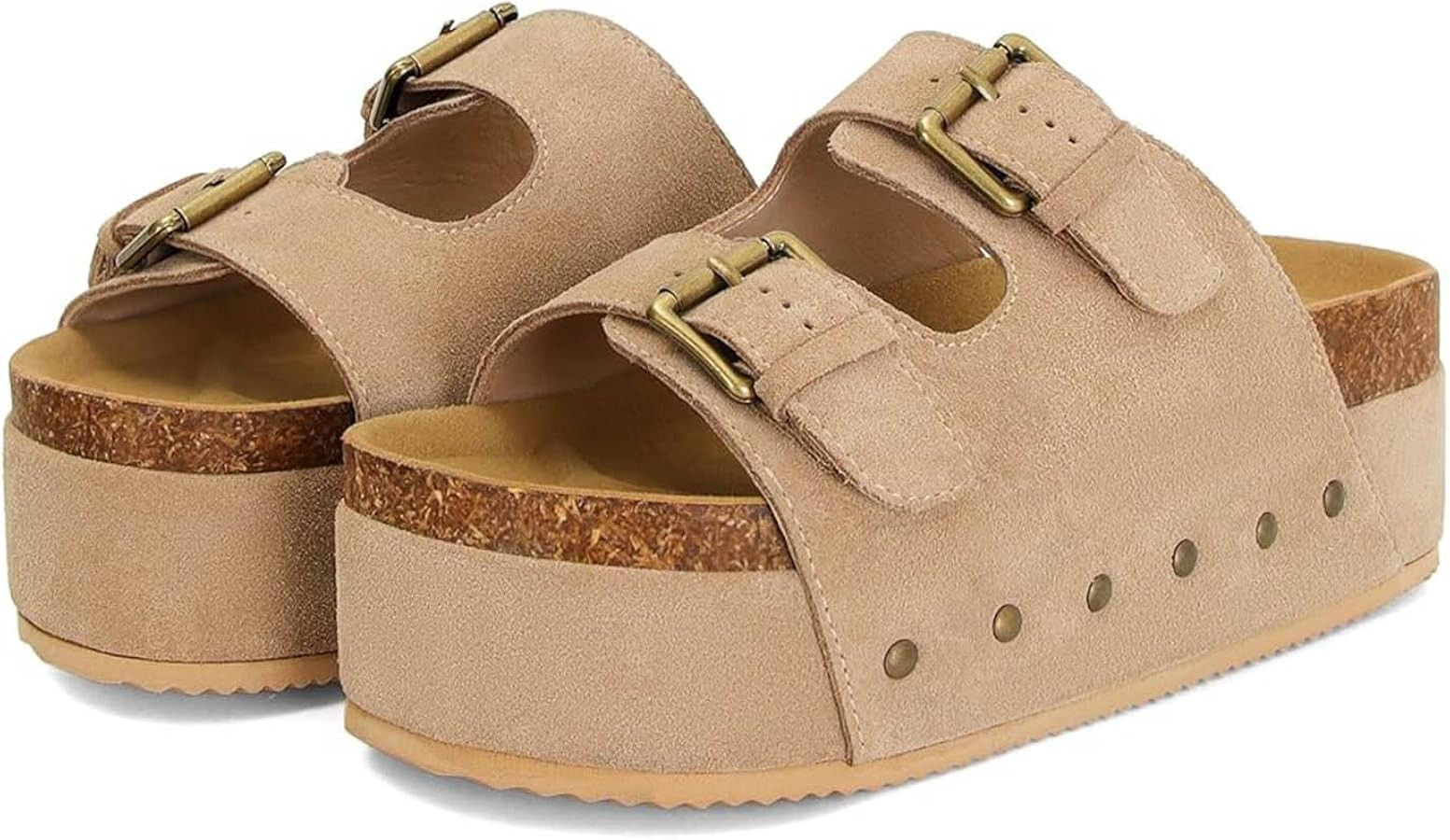 MICIFA Women's Cork Platform Sandals Suede Buckled Flatform Slides Sandals Comfort Footbed Clogs ... | Amazon (US)