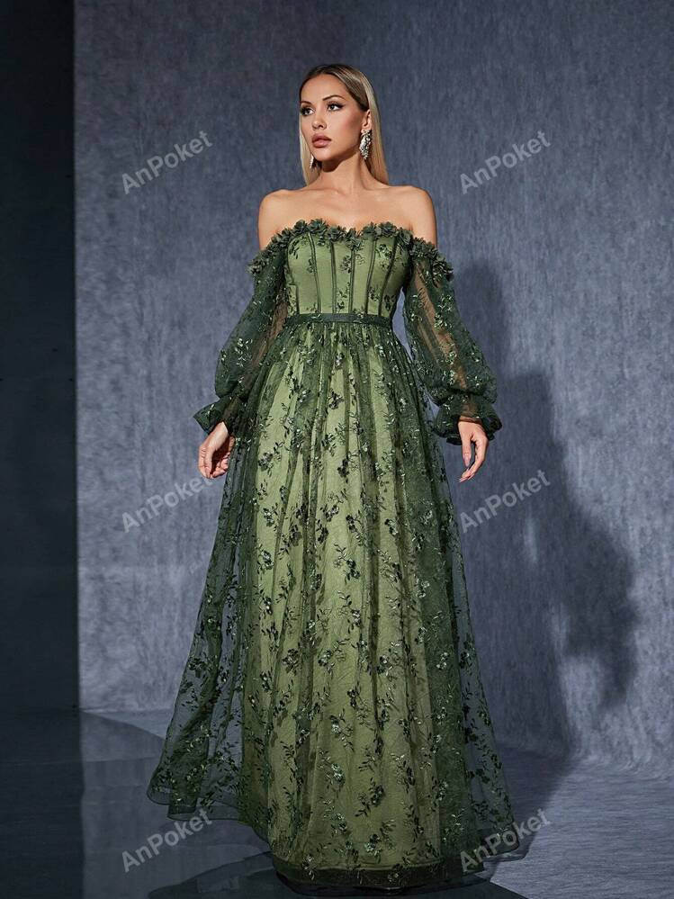 Off Shoulder Lantern Sleeve Long Dress With Drawstring, 3D Floral Lace Trim And Pleats On Hem Ele... | SHEIN