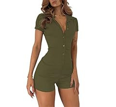 LilyCoco Women's Short Sleeve Ribbed Knit Button Front Collar Romper Playsuit Bodysuit | Amazon (US)