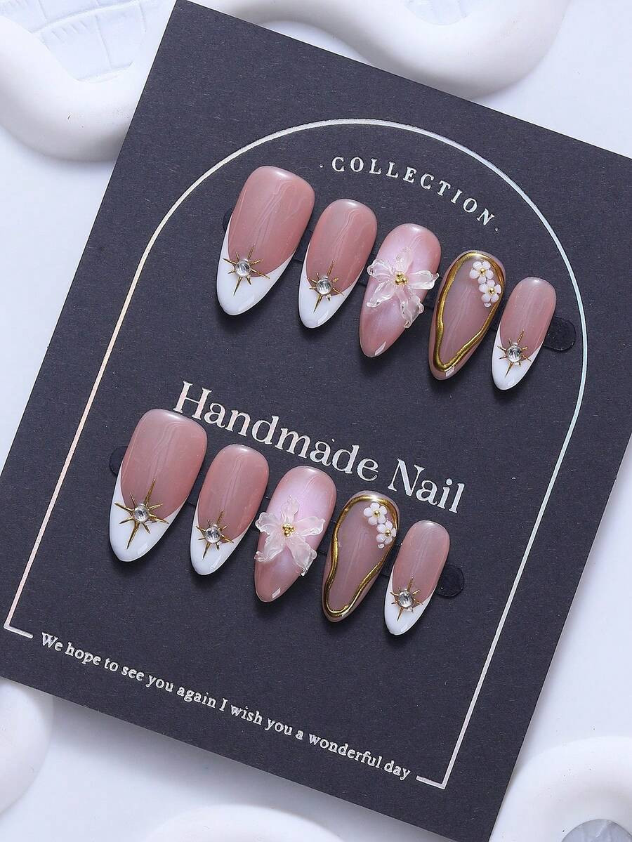 10Pcs Set European & American Style Almond Shaped Nails, Handpainted French Style Golden Hexagram... | SHEIN