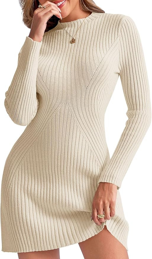 Saodimallsu Womens Long Sleeve Sweater Dress Bodycon Crew Neck Fall Slimming Knit Mini Dresses | Amazon (US)