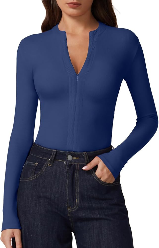 QINSEN Long Sleeve Shirts for Women V Neck Half Zipper Ribbed Knit Going Out Tops Full Length Bas... | Amazon (US)