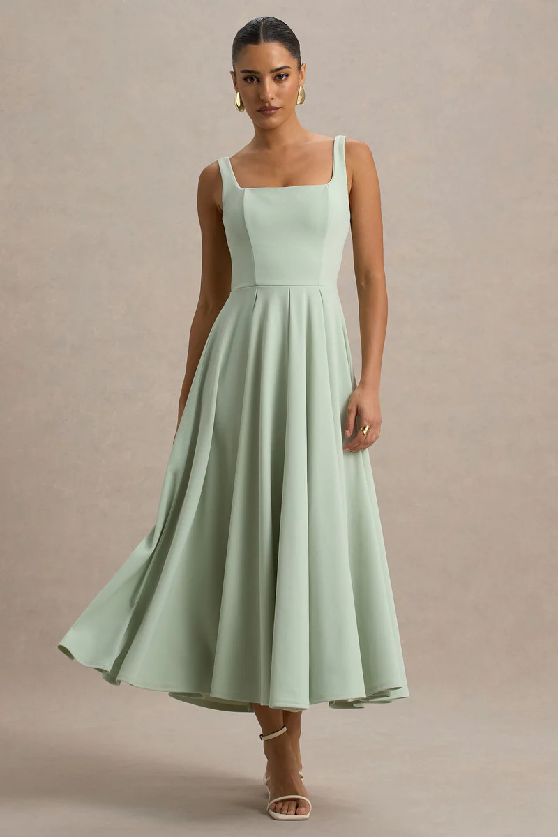 Parina | Light Green Strappy Volume-Hem Midi Dress | Club L London