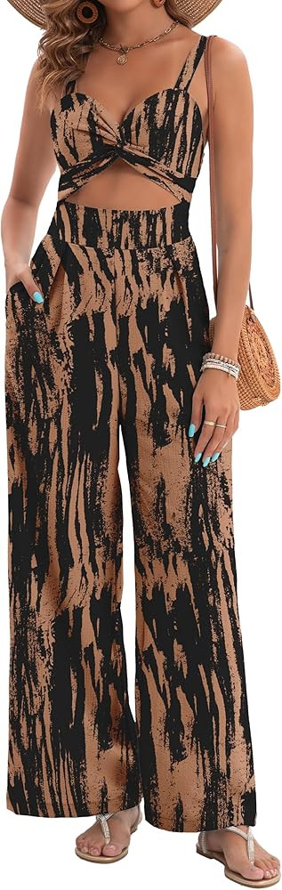 Womens Summer Jumpsuits Dressy Sexy V Neck Twist One Piece Outfits Sleeveless Casual Wide Leg Lon... | Amazon (US)