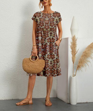 La Mode Brown & Gray Floral Pocket Boatneck Dress - Women | Zulily