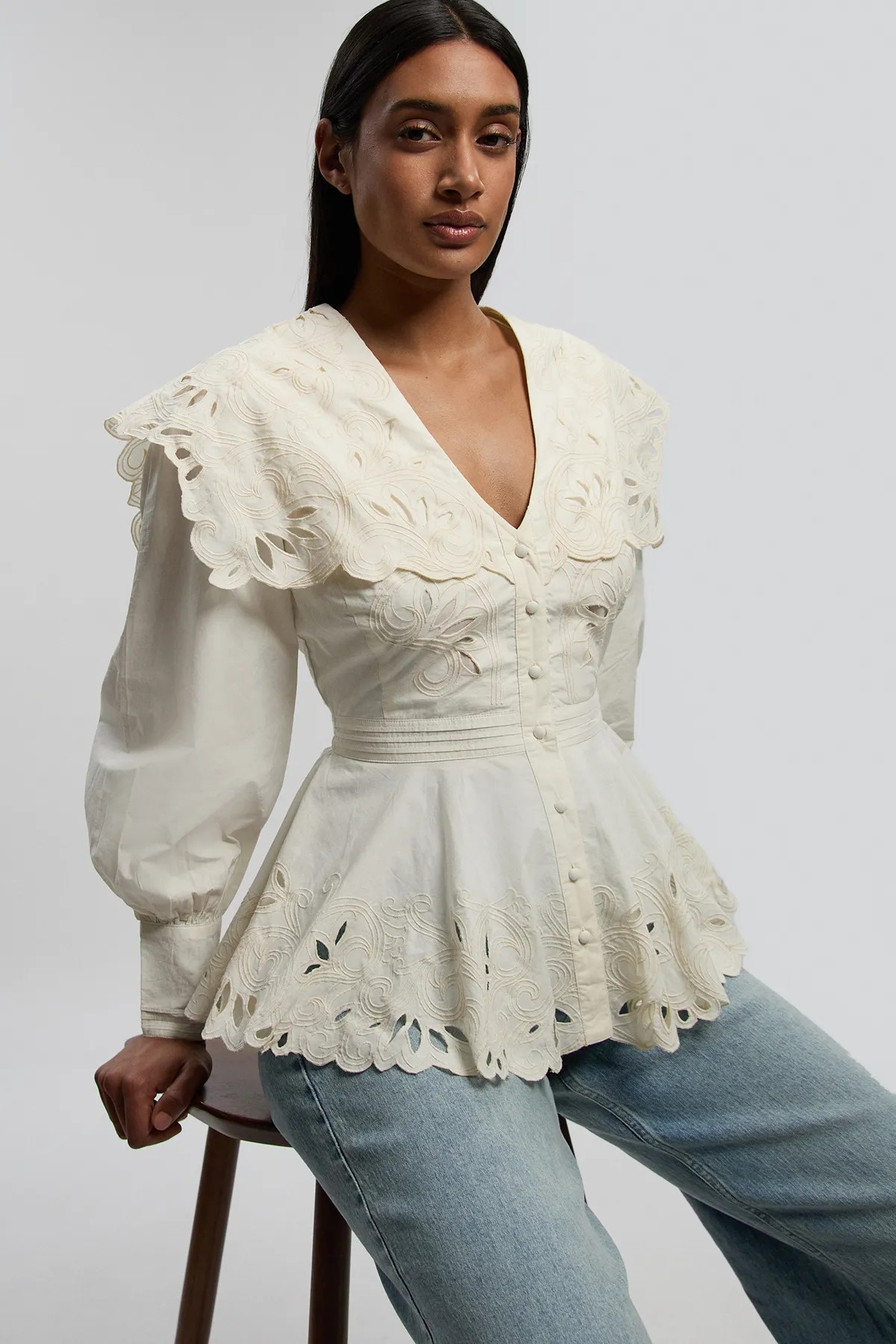 Cutwork Button Collar Detail Woven Blouse | Karen Millen