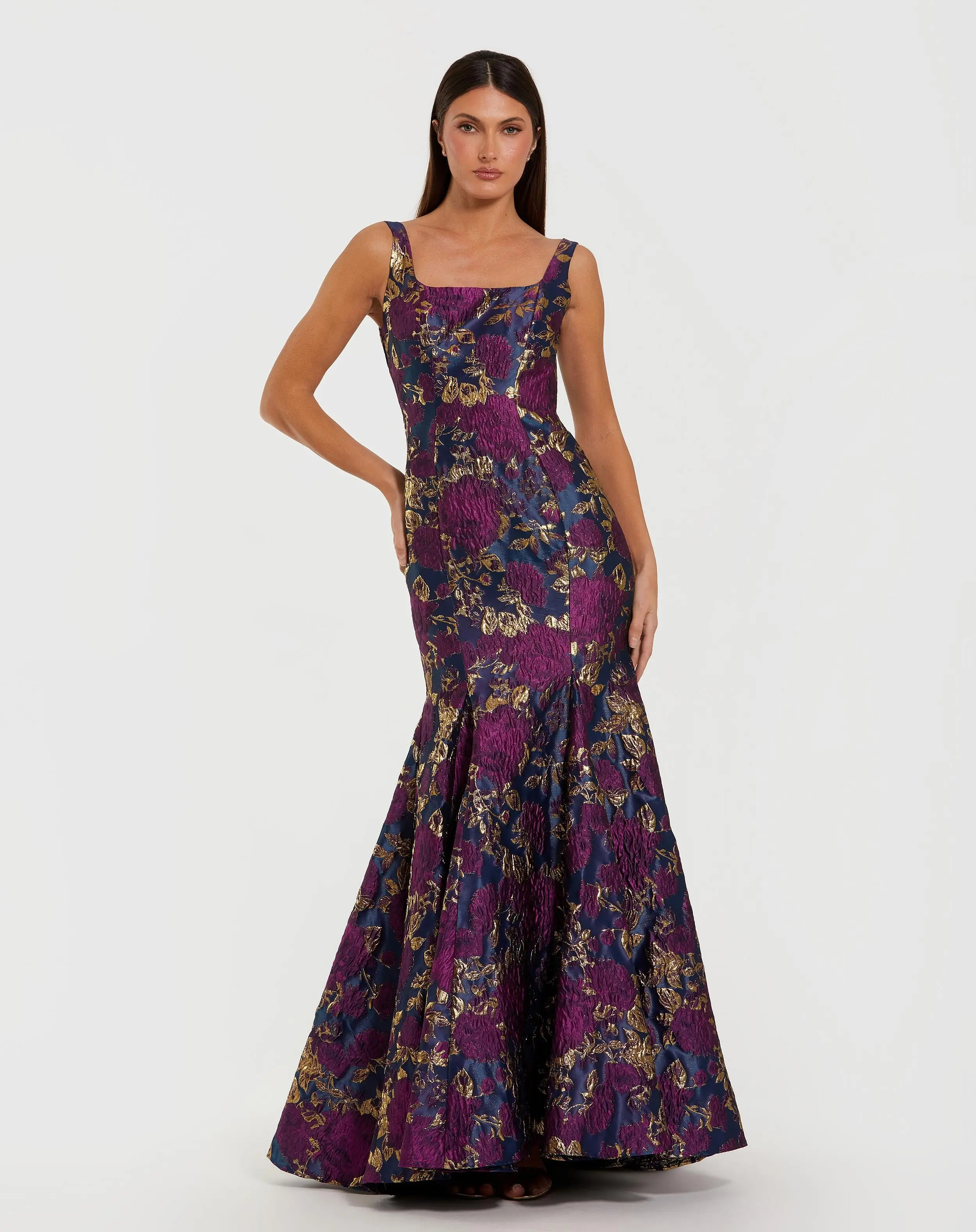 Navy Multicolor Sleeveless Brocade Trumpet Gown | Mac Duggal