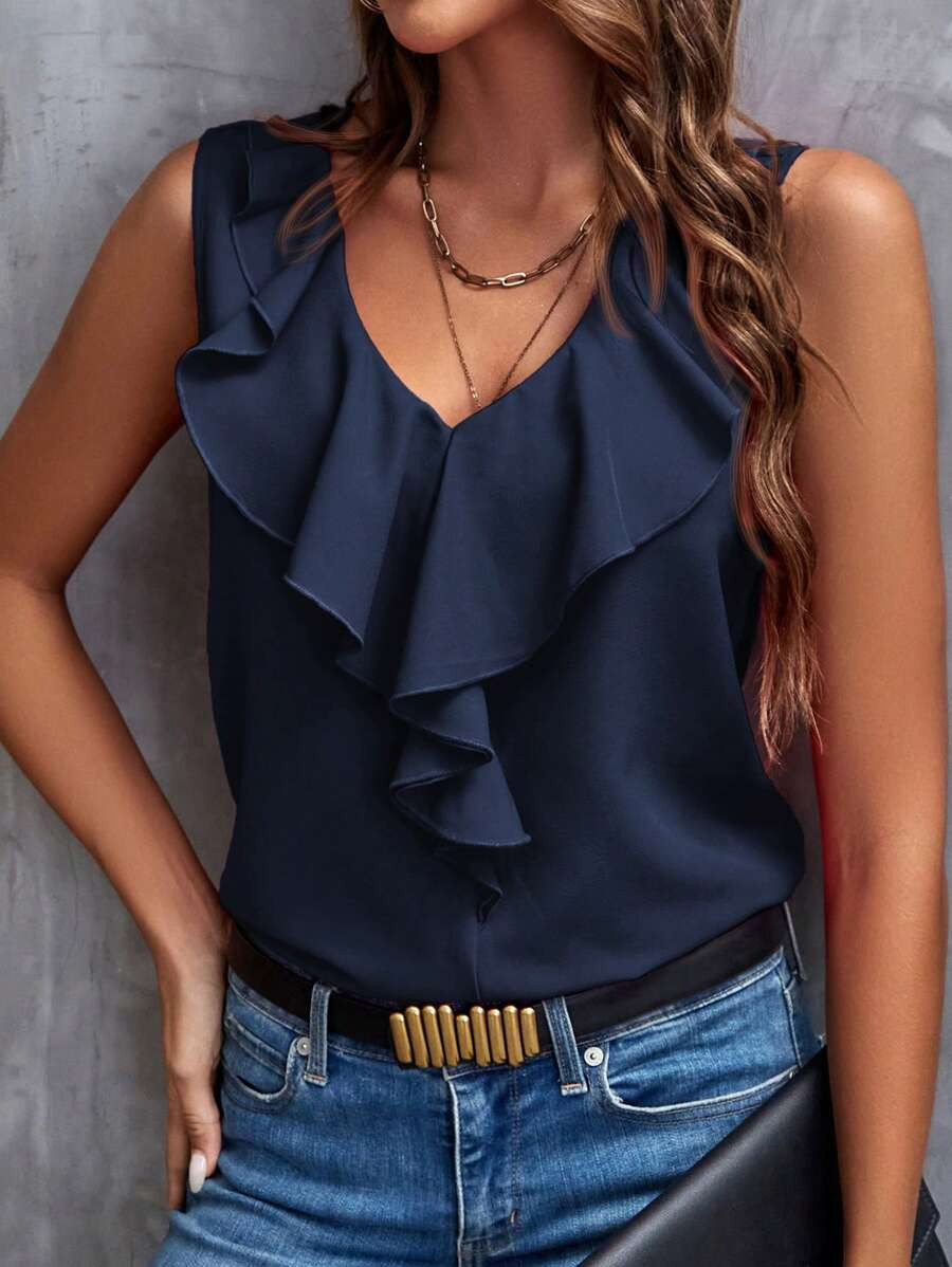 SHEIN Clasi Women's Solid Color Ruffle Hem Sleeveless Vacation Summer Blouse | SHEIN
