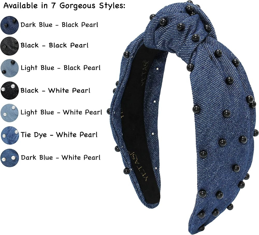 Blue Knotted Headband for Women is a Comfy Denim with Black Pearl Headbands for Women Dark Blue J... | Amazon (US)