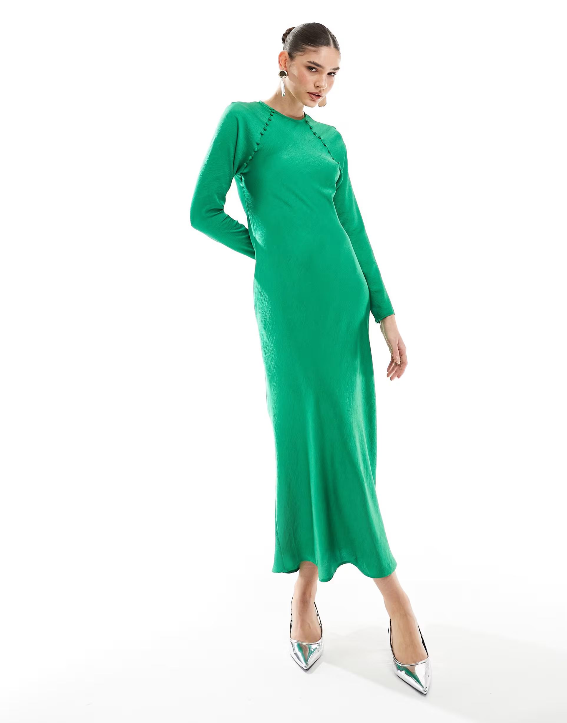 ASOS DESIGN satin biased maxi dress with button detail in emerald green | ASOS (Global)