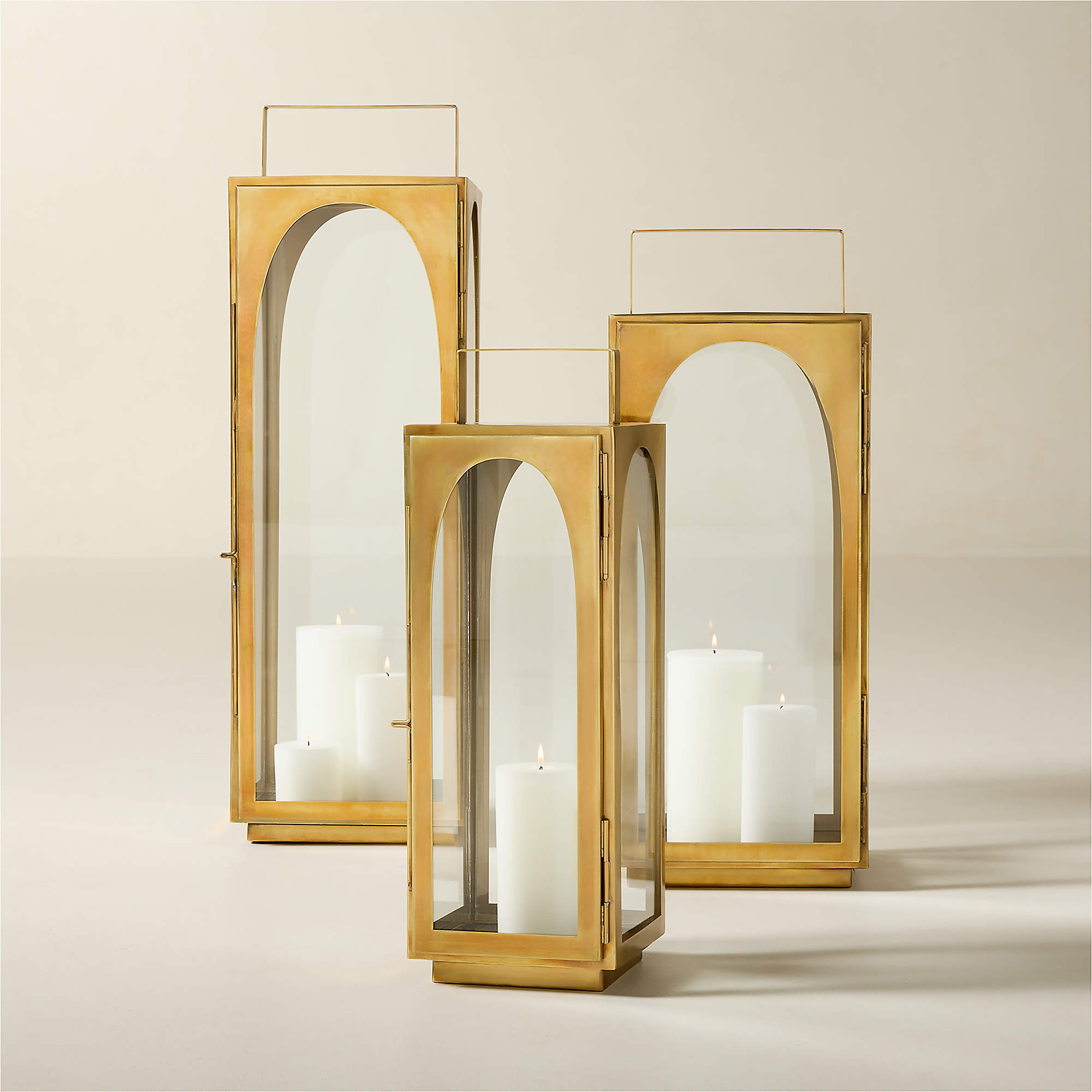 Hastings Aged Brass Outdoor Lanterns Set of 3 | CB2 | CB2