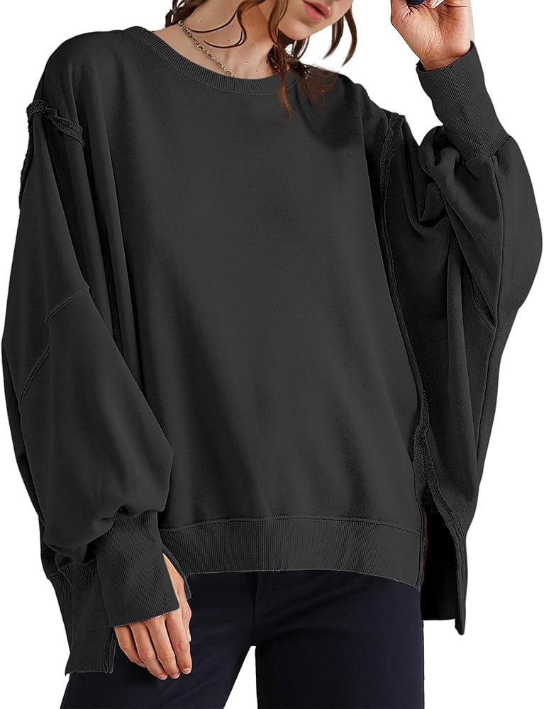 Women's Oversized Sweatshirts Casual Loose Crew Neck Pullover Tops Long Sleeve Solid Side Slit Y2... | Amazon (US)