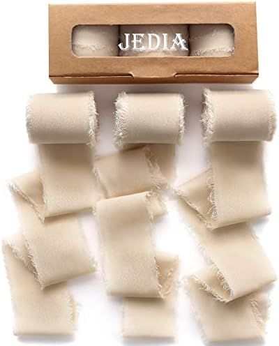 JEDIA Chiffon Ribbon, 3 Rolls Champagne Beige Handmade Fringe Chiffon Silk Ribbons, 1.5" x 7Yd Ch... | Amazon (US)