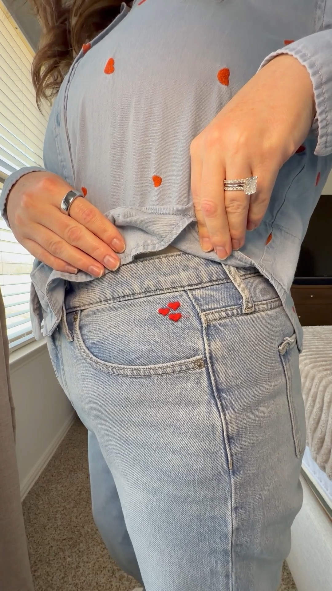 Head-to-toe denim like it’s the ’90s again 💿✨ This all-jean moment is serving effortless throwback vibes, with the sweetest twist—tiny red embroidered hearts that make it feel playful, flirty, and just a little nostalgic. Equal parts cool girl and soft girl energy, because nothing says main character like denim on denim with a heart ❤️ 

#LTKMidsize #LTKootd #LTKValentine