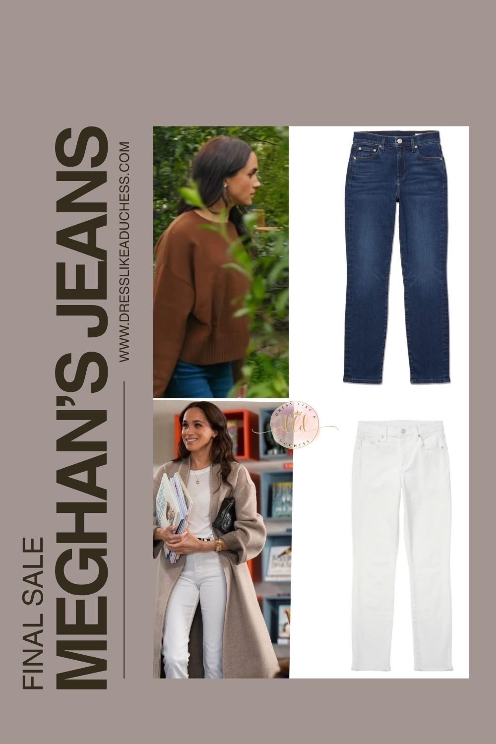 Meghan’s AYR ‘Stir’ Jeans in Obsessed (dark denim) and Blanc de Blanc (white) on final sale