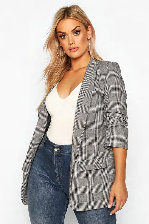 Plus Ruched Dogtooth Prince of Wales Check Blazer | Boohoo.com (US & CA)