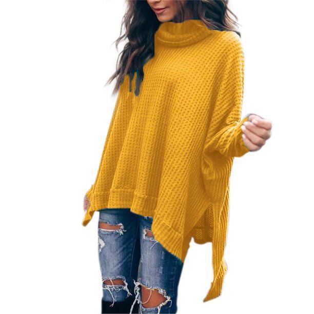 Mojoyce Women Long Sleeve Irregular High Collar Solid Sweater Tops (Yellow XL) | Walmart (US)