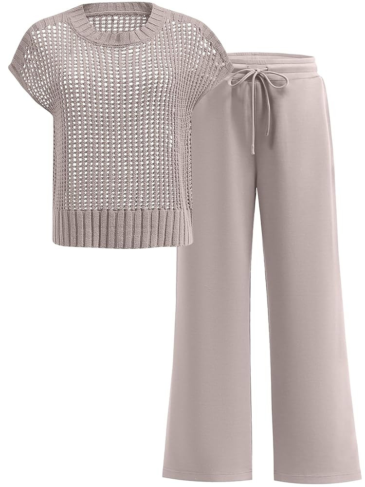 Women Two Piece Outfits Crochet Sheer Knit Sweater Top Wide Leg Pants Lounge Matching Sets Sweats... | Amazon (US)