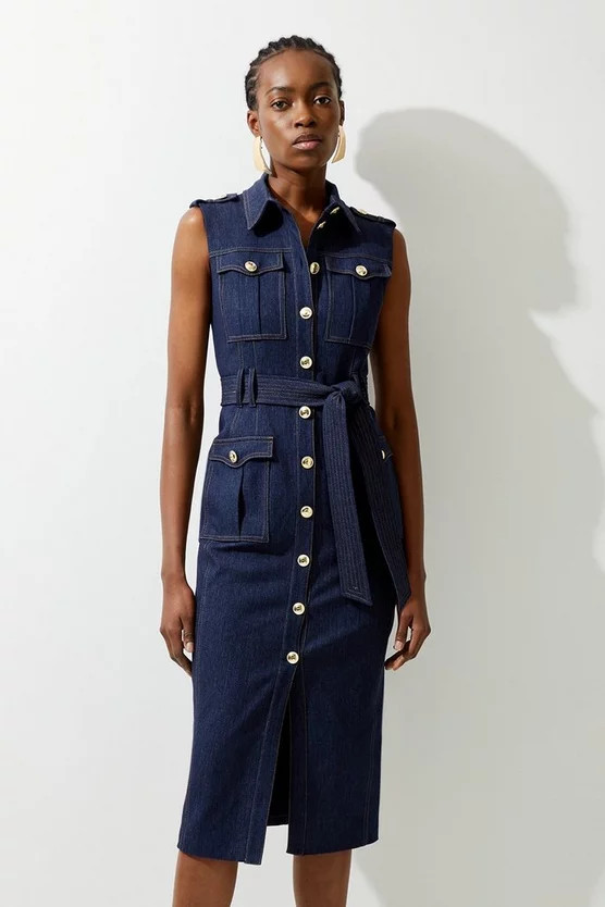 Tailored Denim Cargo Pocket Belted Midi Shirt Dress | Karen Millen US