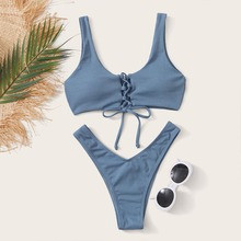 Rib Lace-up Front High Cut Bikini Swimsuit | SHEIN