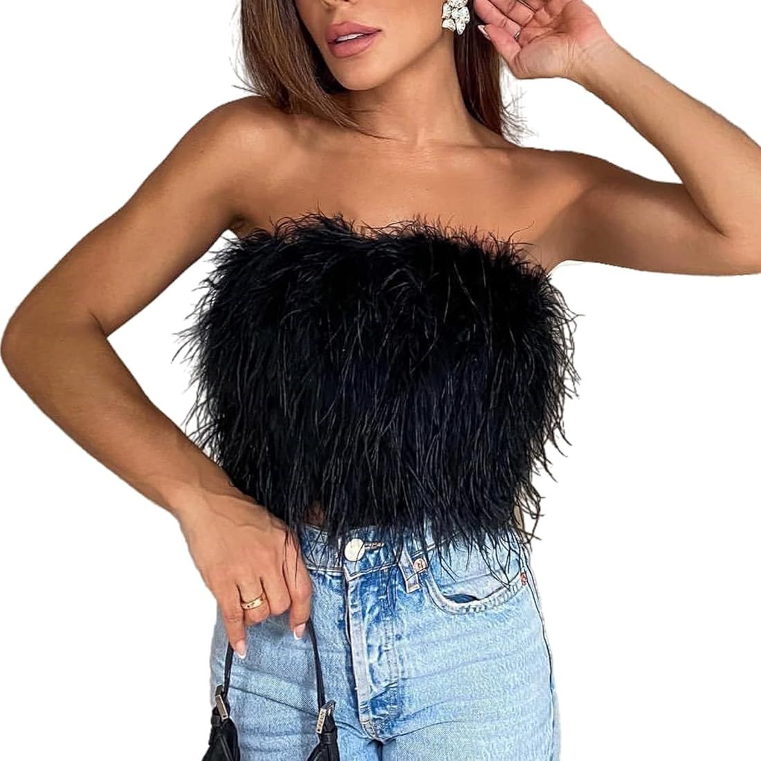 ZGMYC Women's Sexy Feather Crop Top Furry Faux Fur Strapless Tube Top Bandeau Sleeveless Camisole... | Amazon (US)
