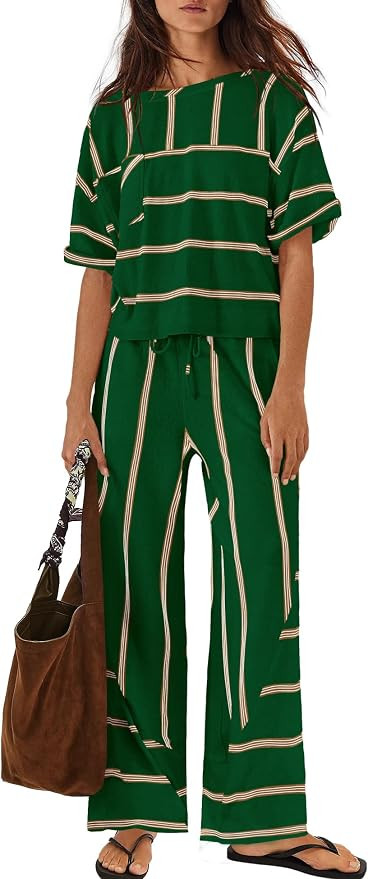 Nirovien Womens Striped Lounge Set 2 Piece Vacation Sets Short Sleeve Tops and Wide Leg Pants Tra... | Amazon (US)