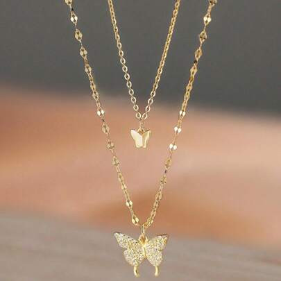 1pc Double-Layered Gold-Tone Butterfly Necklace With Rhinestones, Alloy Material, Perfect Gift For Girlfriend | SHEIN
