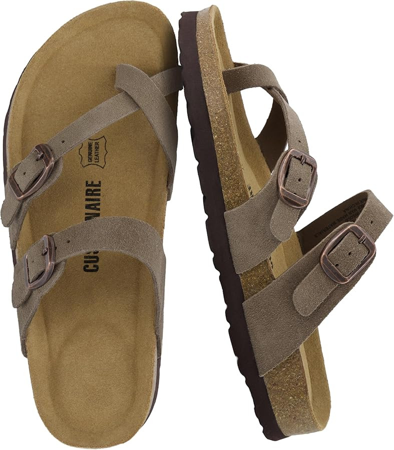 CUSHIONAIRE Lucky 100% Genuine Leather Suede Womens Sandals, Comfortable Cork Footbed Slides for ... | Amazon (US)