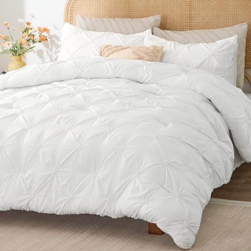 BEDELITE White King Size Comforter Set - 3 Pieces Boho Pintuck Bedding Comforter Sets, Lightweight Soft & Warm King Bedding Set with 2 Pillowcases for All Season | Amazon (US)