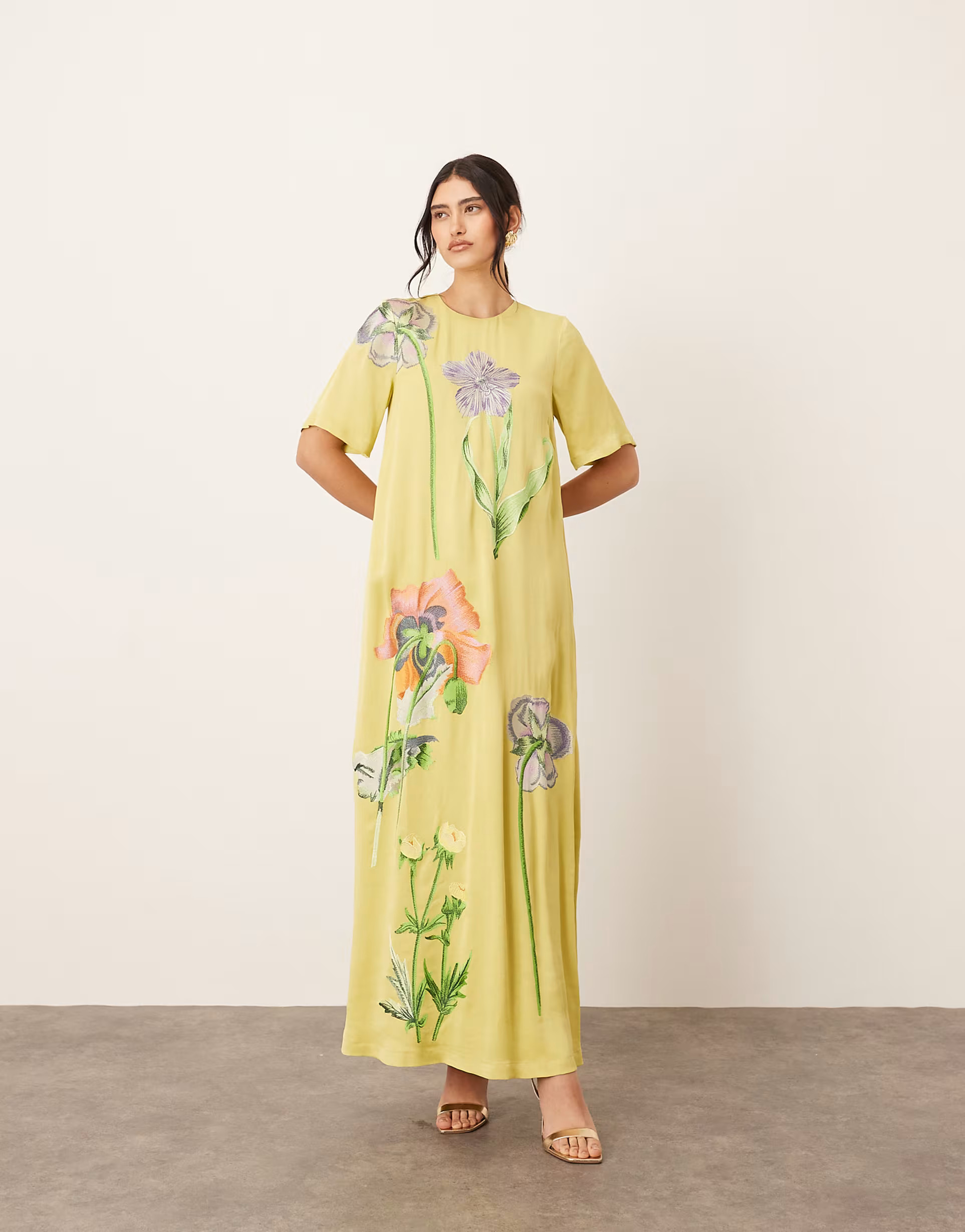 ARRANGE satin floral embroidered T-shirt maxi dress in lime | ASOS | ASOS (Global)