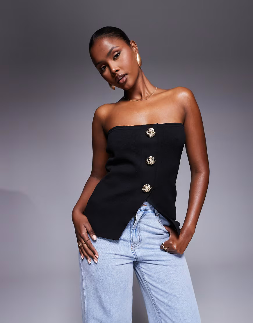 DESIGN knit button front bandeau top with gold buttons in black | ASOS (Global)