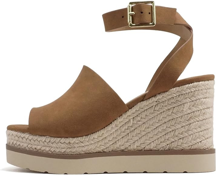 Soda “Stella” ~ Women Square Peep Toe Single Band Platform Espadrille Wedge Sandals with Adju... | Amazon (US)