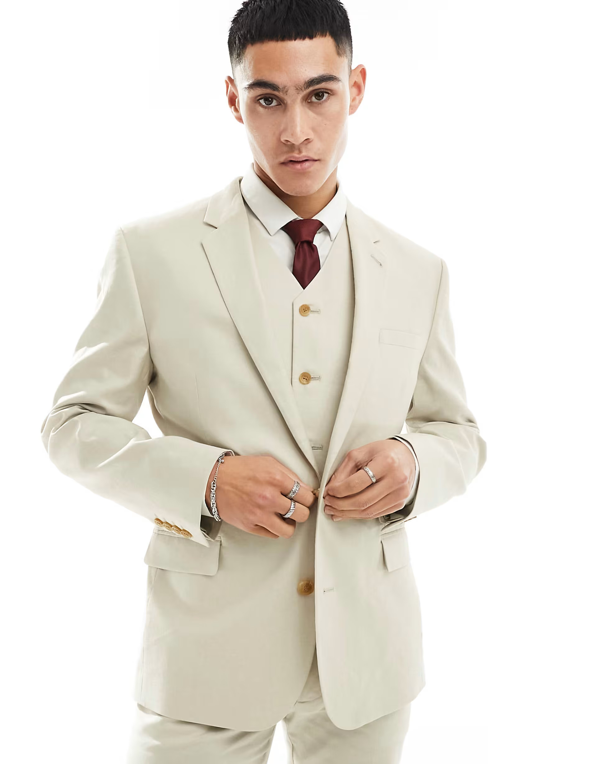 ASOS DESIGN slim linen mix suit jacket in stone | ASOS (Global)