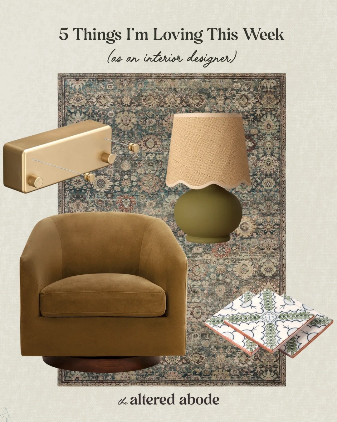 The 5 Things I’m Loving this Week (as an interior designer) - vol 3

This week’s list has one of my go-to swivel chairs for client projects, the cutest little green lamp with a scalloped shade, an indoor clothesline and the perfect moody floral rug.

#LTKHome