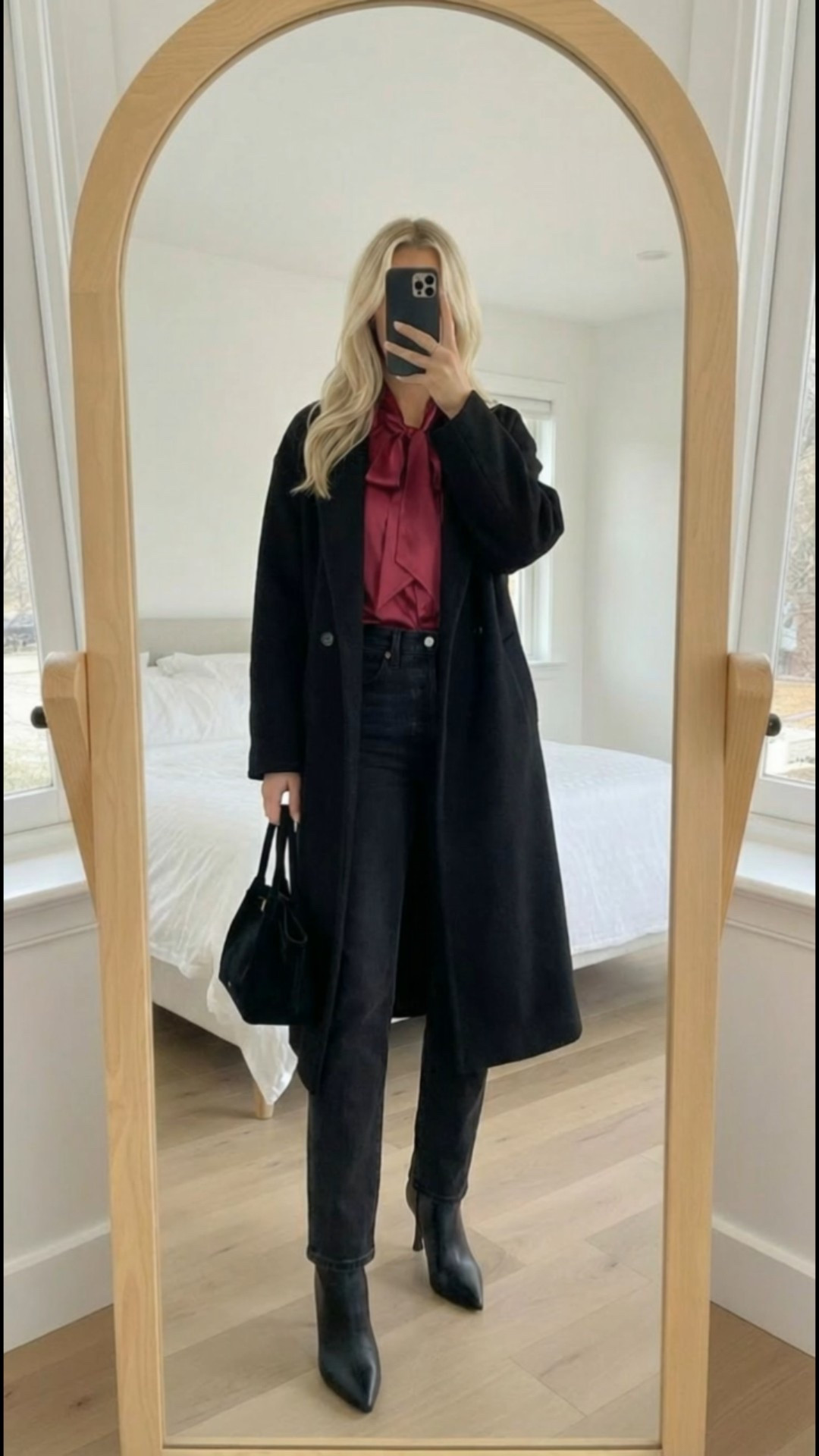 Outfit Details 🖤✨**
Black trench coat + burgundy silk bow top = instant holiday chic. Paired with black jeans, black boots, and a sleek black bag for that clean, elevated, all-black-with-a-pop look. Perfect for holiday parties, date night, work events, or any festive winter outing where you want to look classy without overthinking it.

black trench coat outfit, burgundy silk top, holiday outfit ideas, winter date night look, chic all black outfit, Amazon fashion finds, holiday party style, elegant winter outfit, trench coat winter style, black boots outfit, elevated basics, festive chic aesthetic.


#LTKgrwm #LTKOver40 #LTKHoliday