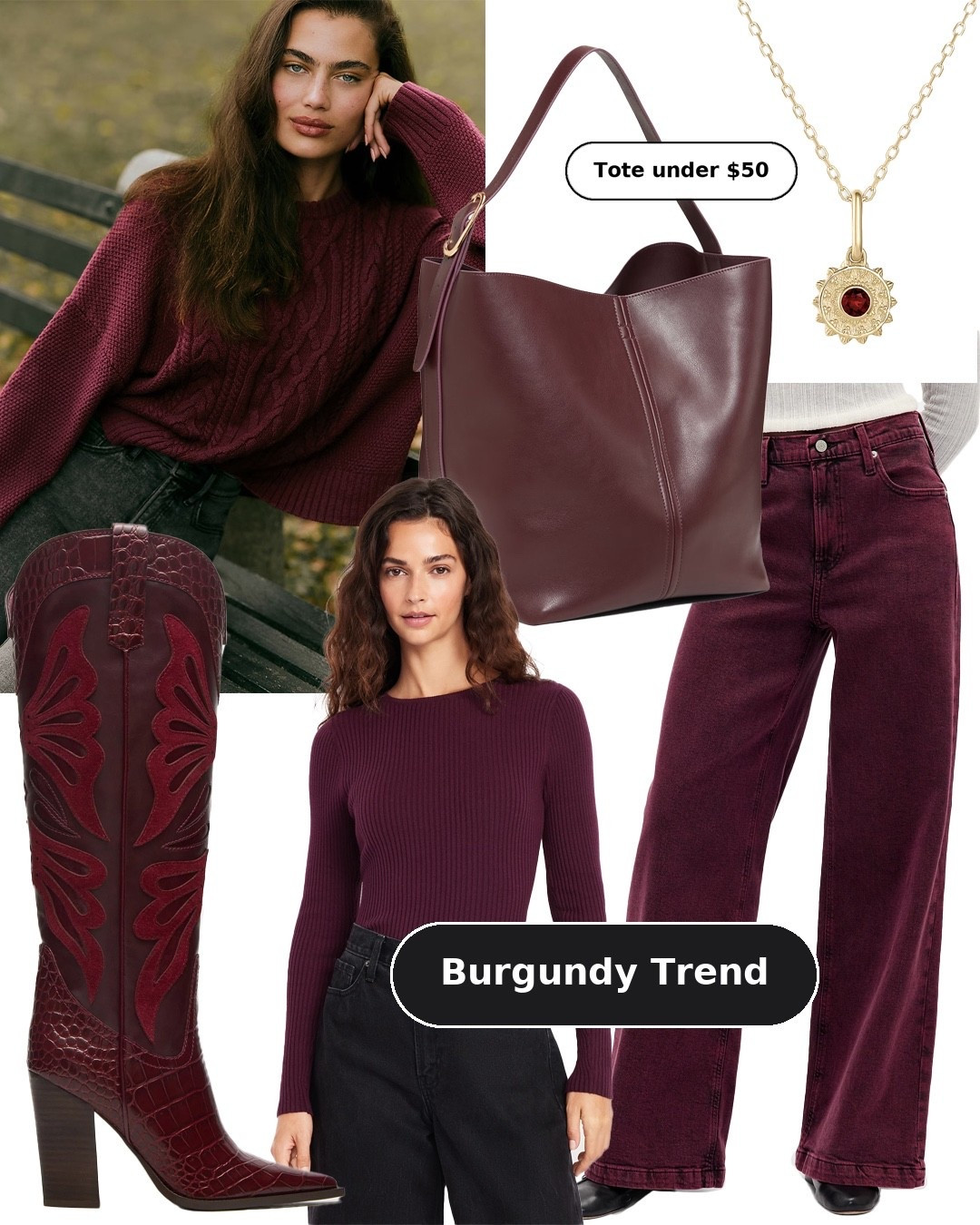 Burgundy - plum - fall color trend (hue) - western tall boot, crewneck sweater, burgundy tote under $50, gorjana sun gold necklace, fall sweaters #falltrends #burgundy #fallcolors #dailystylefinds #over40style #gorjana #express #stevemadden #gap #oldnavy

#LTKShoeCrush #LTKOver40 #LTKFindsUnder50
