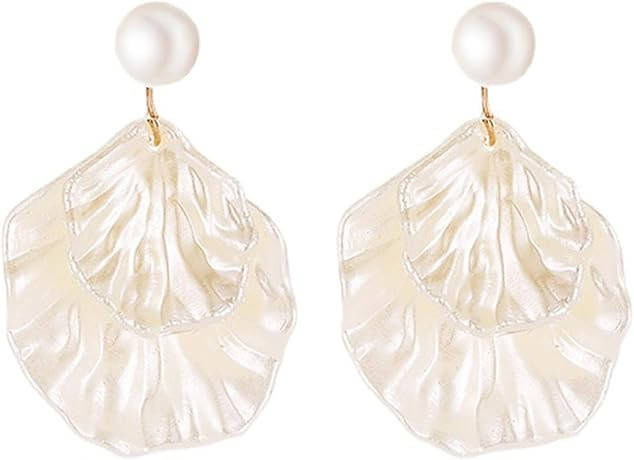 Seashell Pearl Stud Earrings for Women Ocean Sea Theme Sweet Double Layer Acrylic Shell Lightweig... | Amazon (US)