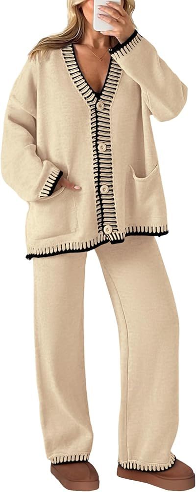 PRETTYGARDEN Women's 2 Piece Outfits Knit Matching Lounge Sets Long Sleeve V Neck Cardigan Sweate... | Amazon (US)