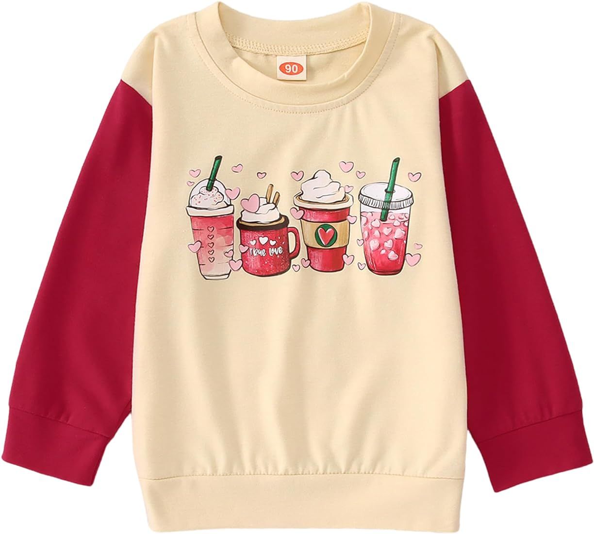 SOFEON Valentine's Day Sweatshirts Toddler Girl Cute Coffee Heart Graphic Long Sleeve Tops Kids P... | Amazon (US)