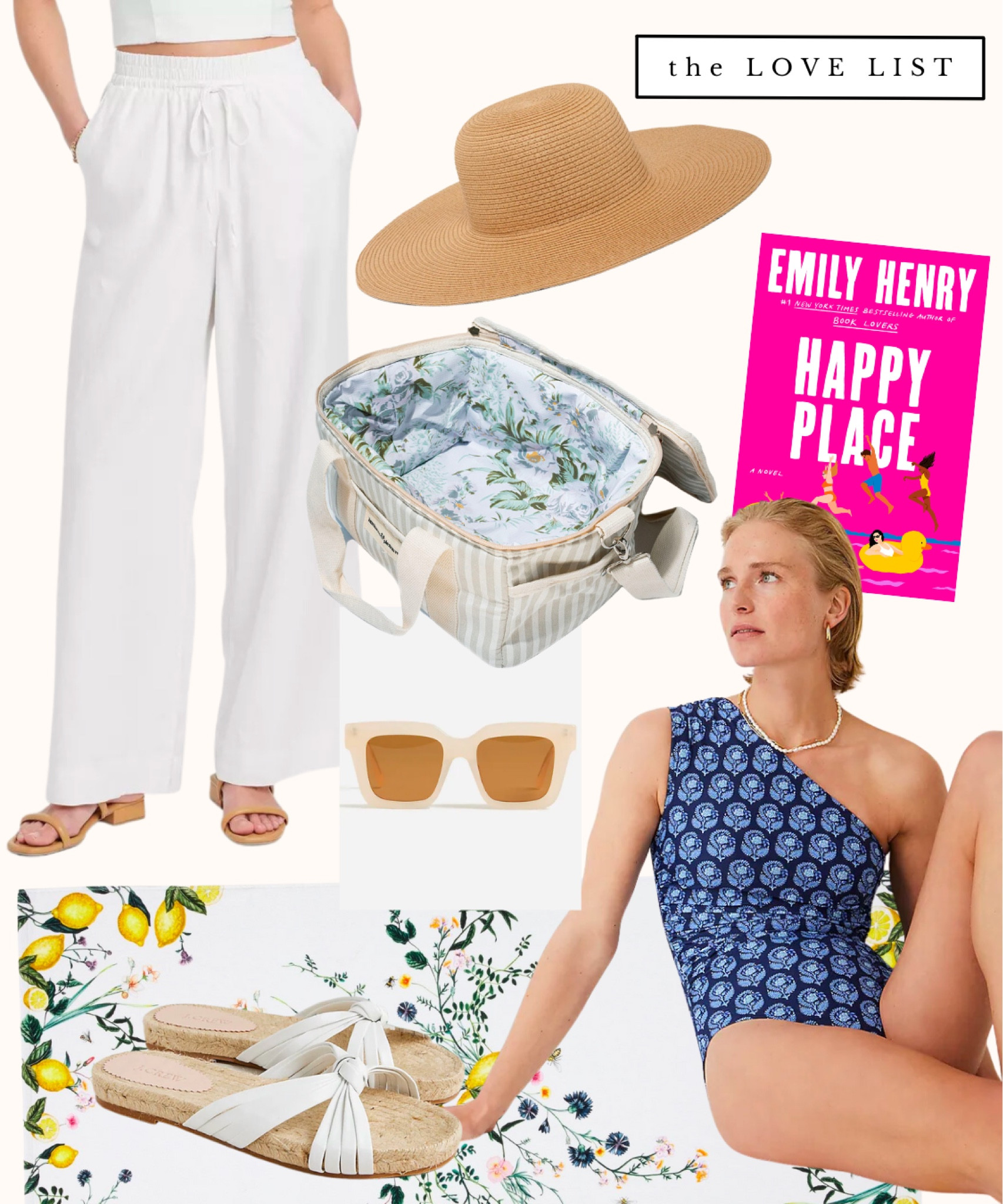 Beach style, swimsuits // wide leg linen pants, straw sun hat, striped cooler, happy place book, cream sunglasses, floral beach towel, one shoulder one piece swimsuit

#LTKswim #LTKSeasonal #LTKtravel