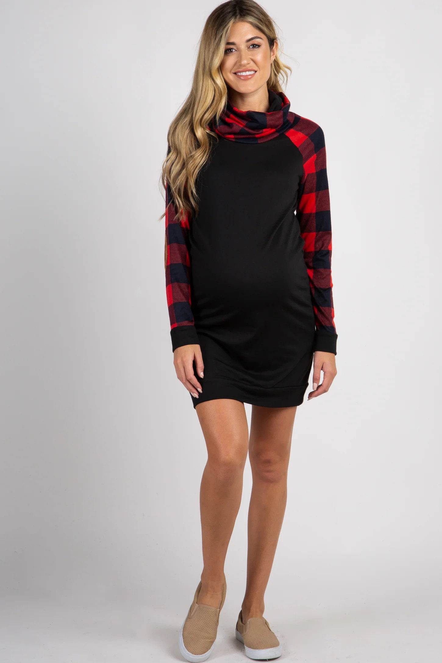 PinkBlush Red Plaid Cowl Neck Long Sleeve Maternity Dress | PinkBlush Maternity