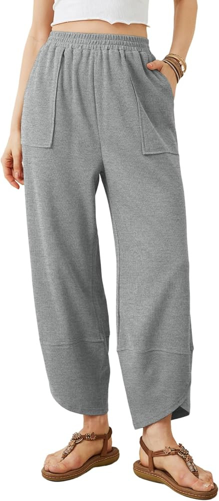 Womens Baggy Wide Leg Pants Summer Casual Elastic Waist Palazzo Harem Pants with Pockets | Amazon (US)