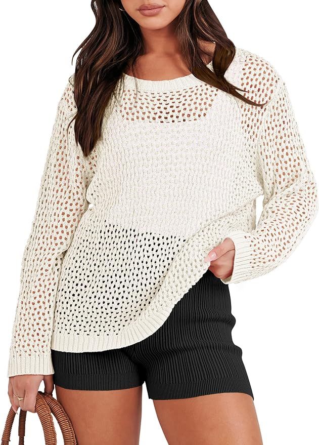 ANRABESS Women's Crochet Cover Up Sweater Top Hollow Out Long Sleeve Beach Mesh Shirt Pullover To... | Amazon (US)